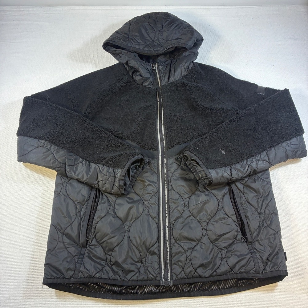 Tumi Quilted Jacket Mens XL Black Mixed Media Fleece Full Zip Hooded Coat Puffer